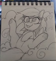 Size: 1670x1836 | Tagged: safe, artist:lockheart, derpy hooves, pegasus, pony, g4, butt, cloud, cute, derpabetes, female, grayscale, lying down, lying on a cloud, mare, monochrome, on a cloud, on back, pencil drawing, plot, solo, traditional art, underhoof