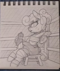 Size: 1836x2157 | Tagged: safe, artist:lockheart, oc, oc:polly poppyseed, earth pony, pony, boxing ring, clothes, female, foot wraps, gloves, grayscale, hoof gloves, mare, monochrome, pencil drawing, sitting, solo, sweat, traditional art