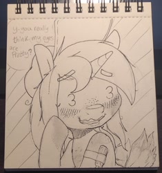 Size: 1726x1836 | Tagged: safe, artist:lockheart, oc, oc only, pony, unicorn, blushing, dialogue, embarrassed, grayscale, monochrome, pencil drawing, solo, speech bubble, traditional art