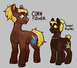 Size: 817x723 | Tagged: safe, artist:tyotheartist1, oc, oc only, oc:corn flower, oc:sugar ranks, earth pony, pony, colored pupils, duo, duo female, ear fluff, eyebrows, eyebrows visible through hair, eyelashes, female, gray background, jewelry, mare, mother and child, mother and daughter, necklace, pearl necklace, ponytail, signature, simple background, unshorn fetlocks