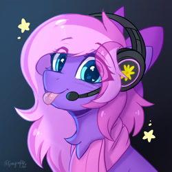 Size: 1800x1800 | Tagged: safe, artist:sonigiraldo, oc, oc only, oc:lillybit, earth pony, pony, :p, adorkable, chest fluff, clothes, cute, dork, earth pony oc, gaming headset, headphones, headset, heart, heart eyes, scarf, silly, solo, stars, tongue out, wingding eyes