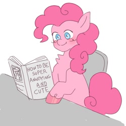 Size: 1500x1500 | Tagged: safe, artist:exxi00, pinkie pie, earth pony, pony, g4, blushing, book, chair, chest fluff, reading, simple background, sitting, smiling, solo, table, white background