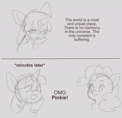 Size: 2332x2252 | Tagged: safe, artist:exxi00, pinkie pie, twilight sparkle, earth pony, pony, unicorn, g4, chest fluff, comic, crying, depressed, dialogue, gray background, high res, looking at each other, looking at someone, meme, nihilism, open mouth, open smile, simple background, sketch, smiling, text, unicorn twilight, wojak