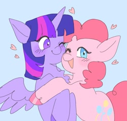 Size: 2097x1995 | Tagged: safe, artist:exxi00, pinkie pie, twilight sparkle, alicorn, earth pony, pony, g4, blue background, blushing, chest fluff, cute, diapinkes, duo, duo female, female, heart, hug, lesbian, one eye closed, open mouth, open smile, ship:twinkie, shipping, simple background, smiling, spread wings, twiabetes, twilight sparkle (alicorn), wings