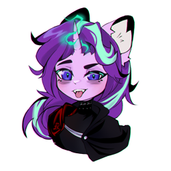 Size: 1000x1000 | Tagged: safe, artist:yoiha, starlight glimmer, pony, unicorn, collaboration:choose your starlight, bust, clothes, collaboration, ear fluff, fangs, female, looking at you, magic, magic aura, simple background, solo, tongue out, transparent background