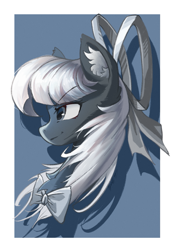 Size: 1417x2048 | Tagged: safe, artist:gale spark, artist:疾云星火, oc, oc only, oc:wbw, oc:wbwpony, pegasus, pony, black and white, black fur, bowtie, confident, ear fluff, grayscale, monochrome, passepartout, pegasus oc, side view, solo, wbw, wbwpony, white hair, white mane, 白黑白, 🎀