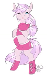 Size: 705x1132 | Tagged: safe, artist:herhornedhighness, oc, oc only, oc:love punch, pony, bipedal, boxing, boxing gloves, clothes, female, looking at you, mare, pink, simple background, smooch, solo, sports, sports bra, white background