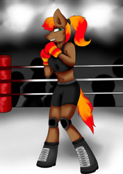 Size: 752x1063 | Tagged: safe, artist:glacy art, oc, oc:maple fall, earth pony, anthro, unguligrade anthro, boxing, boxing gloves, clothes, female, smiling, sports, sports bra
