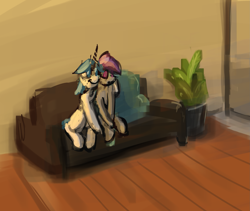 Size: 2391x2015 | Tagged: safe, artist:s410, derpibooru exclusive, oc, oc:catmint, oc:mysza, pegasus, pony, unicorn, couch, high res, potted plant, sketch