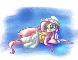 Size: 3300x2550 | Tagged: safe, artist:leadhooves, fluttershy, pegasus, pony, cute, female, high res, lying down, mare, prone, sheet, shyabetes, solo