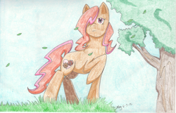 Size: 2550x1645 | Tagged: safe, artist:itsjustmeg, oc, oc only, oc:copper charm, earth pony, pony, amputee, colored pencil drawing, female, mare, prosthetic leg, prosthetic limb, prosthetics, solo, traditional art