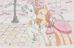 Size: 2533x1638 | Tagged: safe, artist:itsjustmeg, oc, oc only, earth pony, pony, unicorn, clothes, colored pencil drawing, dress, female, male, mare, shipping, stallion, traditional art