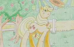 Size: 2465x1565 | Tagged: safe, artist:itsjustmeg, applejack, earth pony, pony, g4, apple, apple tree, applejack's hat, colored pencil drawing, cowboy hat, female, hat, mare, solo, traditional art, tree