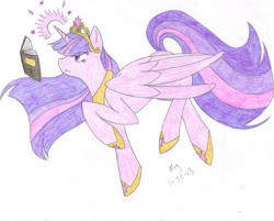 Size: 2736x2198 | Tagged: safe, artist:itsjustmeg, twilight sparkle, alicorn, pony, big crown thingy, book, colored pencil drawing, element of magic, female, hoof shoes, jewelry, mare, older, older twilight, peytral, regalia, traditional art, twilight sparkle (alicorn)