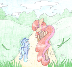 Size: 2498x2341 | Tagged: safe, artist:itsjustmeg, oc, oc only, oc:copper charm, earth pony, pegasus, pony, amputee, colored pencil drawing, colt, duo, female, foal, male, mare, one wing out, prosthetic leg, prosthetic limb, prosthetics, traditional art, wings