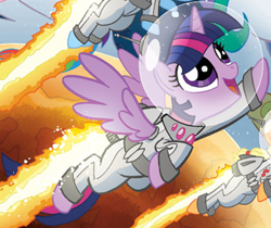 Size: 1404x1177 | Tagged: safe, artist:tony fleecs, idw, twilight sparkle, alicorn, pony, g4, astronaut, cropped, female, jetpack, jewelry, mare, ponies in space, solo, space helmet, spacesuit, spread wings, twilight sparkle (alicorn), wings