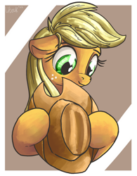 Size: 1500x1920 | Tagged: safe, artist:uteuk, applejack, earth pony, pony, g4, applejack's hat, cowboy hat, cute, floppy ears, hat, holding, jackabetes, solo