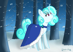 Size: 1280x906 | Tagged: safe, artist:tenderrain-art, oc, oc only, oc:snow star, pony, unicorn, clothes, female, forest, mare, snow, solo