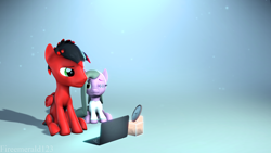 Size: 3840x2160 | Tagged: safe, artist:fireemerald123, oc, oc:diane, oc:page feather, pegasus, pony, 3d, clock, computer, female, filly, foal, gradient background, high res, laptop computer, source filmmaker
