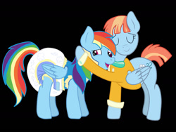 Size: 1280x960 | Tagged: safe, artist:chewy-tartz, artist:fluffernutters16, rainbow dash, windy whistles, pegasus, pony, adult foal, black background, clothes, diaper, diaper fetish, duo, duo female, embarrassed, eyes closed, female, fetish, folded wings, hooves, hug, mare, non-baby in diaper, open mouth, open smile, poofy diaper, simple background, smiling, standing, tail, uniform, wings, wonderbolts uniform
