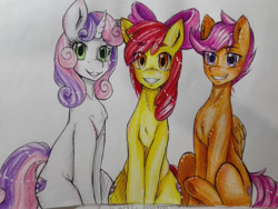 Size: 1024x768 | Tagged: safe, artist:kitsu-chan11, apple bloom, scootaloo, sweetie belle, earth pony, pegasus, pony, unicorn, g4, bow, cutie mark crusaders, female, filly, foal, grin, hair bow, smiling, traditional art