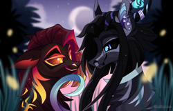 Size: 2095x1346 | Tagged: safe, artist:gkolae, oc, oc only, earth pony, pony, bedroom eyes, bust, crescent moon, duo, earth pony oc, moon, night, outdoors, smiling, stars