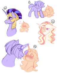 Size: 2200x2800 | Tagged: safe, artist:purplegrim40, oc, oc only, oc:opal beam, oc:super nova, pony, unicorn, blushing, duo, female, glowing, glowing horn, helmet, high res, horn, magical lesbian spawn, mare, offspring, parent:pharynx, parent:prince blueblood, parent:tempest shadow, parent:trixie, parent:twilight sparkle, parents:bluetrix, parents:tempestlight, protecting, simple background, story included, unicorn oc, white background