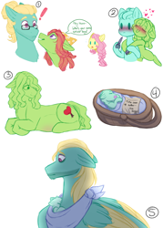 Size: 2500x3500 | Tagged: safe, artist:purplegrim40, fluttershy, tree hugger, zephyr breeze, oc, oc:willow, pony, g4, baby, baby pony, blushing, doorstep baby, exclamation point, female, glasses, high res, hug, male, mare, offspring, parent:tree hugger, parent:zephyr breeze, parents:zephyrhugger, pregnant, simple background, stallion, swaddling, white background