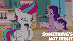 Size: 1920x1080 | Tagged: safe, edit, edited screencap, editor:quoterific, screencap, pipp petals, zipp storm, pegasus, pony, g5, my little pony: tell your tale, sunny-day dinners, spoiler:g5, spoiler:my little pony: tell your tale, spoiler:tyts01e10, duo, female, flying, mare, open mouth, spread wings, text, wings