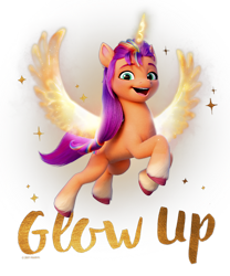 Size: 500x600 | Tagged: safe, sunny starscout, alicorn, earth pony, pony, g5, my little pony: a new generation, official, 2d, alicornified, cropped, design, female, flying, mare, merchandise, race swap, shirt design, simple background, text, transparent background