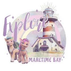 Size: 650x650 | Tagged: safe, hitch trailblazer, sunny starscout, earth pony, pony, g5, my little pony: a new generation, official, 2d, cropped, design, duo, female, lighthouse, male, mare, maretime bay, merchandise, shirt design, simple background, stallion, text, transparent background