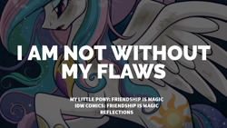 Size: 1920x1080 | Tagged: safe, edit, editor:quoterific, idw, princess celestia, alicorn, pony, g4, reflections, spoiler:comic, female, flying, mare, open mouth, solo, spread wings, text, wings