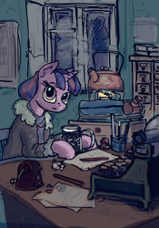 Size: 756x1080 | Tagged: safe, artist:agm, twilight sparkle, pony, g4, clothes, cup, cup holder, desk, female, interior, jacket, kettle, looking at you, mare, pencil, sitting, solo, typewriter