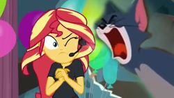 Size: 1280x720 | Tagged: safe, edit, edited screencap, screencap, sunset shimmer, cat, human, all the world's off stage, equestria girls, equestria girls series, g4, aaaaaaahhhhh, balloon, director shimmer, screaming, tom and jerry, tom cat