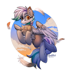 Size: 2328x2529 | Tagged: safe, artist:gicme, oc, oc only, unnamed oc, pegasus, pony, cloud, eye clipping through hair, eyebrows, eyebrows visible through hair, feather, flying, high res, looking at you, male, pegasus oc, signature, simple background, sky, smiling, smiling at you, solo, spread wings, stallion, sunset, transparent background, wings