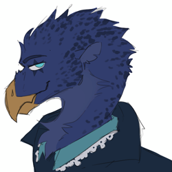 Size: 721x721 | Tagged: safe, artist:mookaoo, oc, oc only, oc:eid, griffon, beak, bust, clothes, colored sketch, griffon oc, male, portrait, side view, simple background, solo, white background