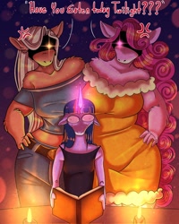 Size: 1638x2048 | Tagged: safe, artist:unfinishedheckery, applejack, pinkie pie, twilight sparkle, earth pony, unicorn, anthro, g4, angry, applejack is not amused, breasts, busty applejack, busty pinkie pie, clothes, cross-popping veins, dialogue, digital art, dress, female, glowing, glowing horn, hand on hip, horn, nervous sweat, pants, pinkie pie is not amused, shirt, shrunken pupils, size difference, tail, text, this will not end well, trio, trio female, uh oh, unamused, unicorn twilight
