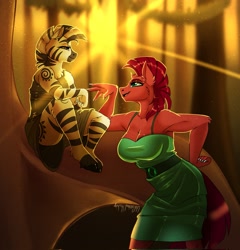 Size: 1965x2048 | Tagged: safe, artist:unfinishedheckery, tempest shadow, zecora, unicorn, zebra, anthro, unguligrade anthro, bedroom eyes, breasts, broken horn, busty tempest shadow, clothes, digital art, dress, duo, duo female, female, hand on hip, horn, looking at each other, looking at someone, open mouth, pointing, sitting, size difference, swamp, tail, thighs, tree