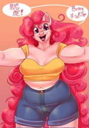 Size: 1434x2048 | Tagged: safe, artist:unfinishedheckery, pinkie pie, earth pony, anthro, g4, arms wide open, breasts, busty pinkie pie, chubby, clothes, dialogue, digital art, female, hug request, looking at you, offscreen character, open mouth, open smile, plump, pov, shirt, shorts, simple background, smiling, solo, speech bubble, tail, talking, text, thighs