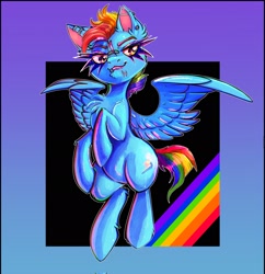 Size: 1986x2048 | Tagged: safe, artist:unfinishedheckery, rainbow dash, pegasus, pony, g4, digital art, female, flying, lidded eyes, mare, punk, rainbow, solo, spread wings, tail, wings