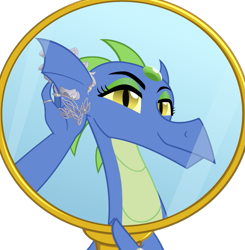 Size: 767x784 | Tagged: safe, artist:queencold, oc, oc only, oc:frazzle, dragon, dragon oc, dragoness, female, jewelry, mirror, simple background, solo, teenaged dragon, transparent background