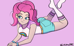 Size: 1280x800 | Tagged: safe, artist:lukamelmc, pinkie pie, human, equestria girls, g4, ass, balloonbutt, blushing, butt, clothes, human coloration, lying down, messy hair, messy mane, missing shoes, prone, shorts, socks, solo, stocking feet, the pose, wristband