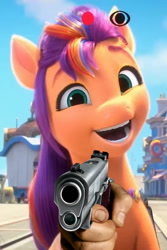 Size: 684x1024 | Tagged: safe, edit, edited screencap, screencap, sunny starscout, earth pony, pony, g5, my little pony: make your mark, my little pony: make your mark chapter 1, spoiler:my little pony: make your mark, female, gun, livestream, looking at you, mane stripe sunny, mare, meme, nightmare fuel, open mouth, open smile, reaction image, smiling, smiling at you, solo focus, weapon