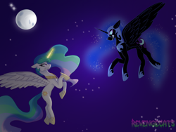 Size: 2256x1696 | Tagged: safe, artist:revenge.cats, nightmare moon, princess celestia, alicorn, pony, g4, angry, armor, fangs, fight, flying, magic, magic aura, moon, scowl, space, stars