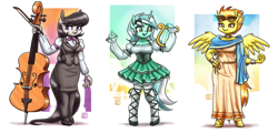 Size: 3320x1600 | Tagged: safe, artist:king-kakapo, lyra heartstrings, octavia melody, spitfire, earth pony, pegasus, unicorn, anthro, unguligrade anthro, g4, abstract background, blouse, bow (instrument), cello, cello bow, clothes, dirndl, dress, female, high res, lyre, musical instrument, skirt, spread wings, trio, trio female, wings