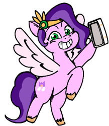 Size: 365x421 | Tagged: artist needed, source needed, safe, pipp petals, pegasus, pony, g5, my little pony: tell your tale, cute, female, hoof hold, phone, simple background, solo, white background