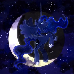 Size: 3000x3000 | Tagged: safe, artist:daisydewdles, princess luna, alicorn, pony, g4, crescent moon, female, high res, horn, mare, moon, night, night sky, obtrusive watermark, sky, solo, watermark, wings