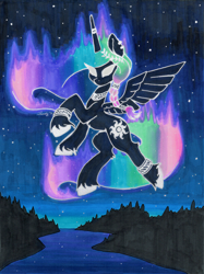 Size: 2682x3590 | Tagged: safe, artist:dandy, princess celestia, alicorn, pony, g4, aurora borealis, copic, ear piercing, flying, glowing, glowing eyes, high res, horn, horn ring, jewelry, marker drawing, necklace, night, piercing, ring, solo, stars, traditional art, unshorn fetlocks, wings