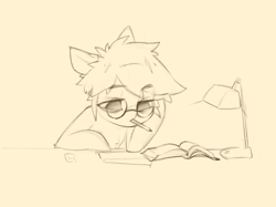 Size: 2732x2048 | Tagged: safe, artist:blue ink, pony, book, glasses, high res, lamp, monochrome, mouth hold, pencil, simple background, solo