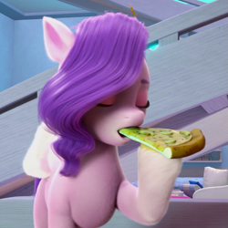 Size: 995x995 | Tagged: safe, screencap, pipp petals, pegasus, pony, g5, my little pony: make your mark, my little pony: make your mark chapter 1, spoiler:my little pony: make your mark, cropped, eyes closed, female, food, mare, pizza, solo
